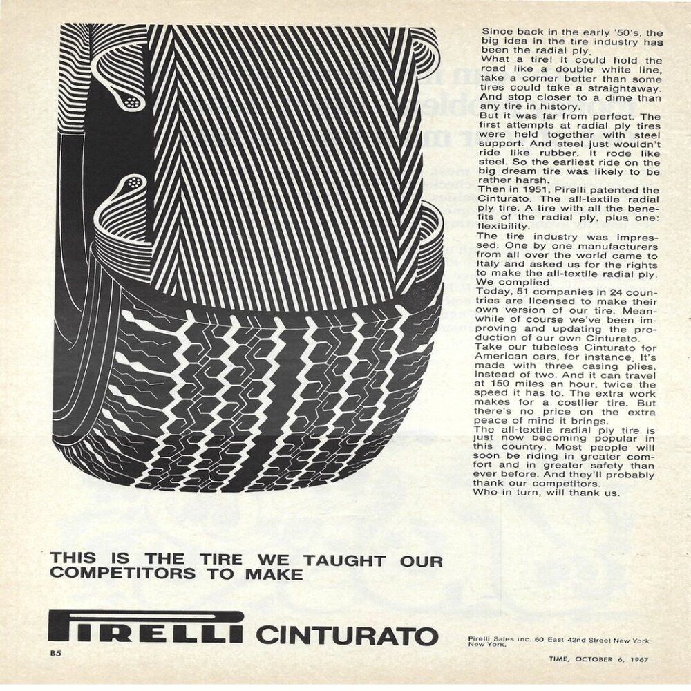 1967 Pirelli Cinturato Tires We Taught Competitors Vintage Mag Print Ad/Poster
